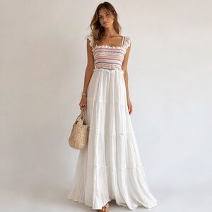 Tory Burch smocked rainbow tiered maxi dress in white - large